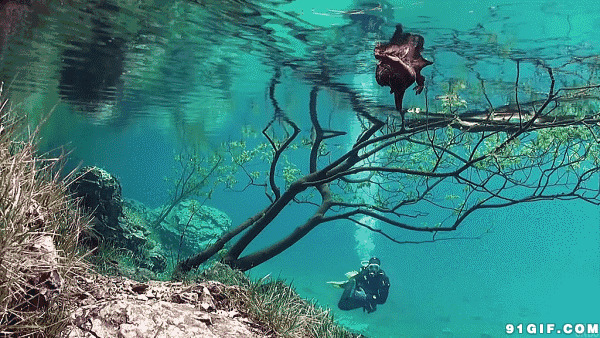 清澈透明的湖底潜水员冒气泡图片
