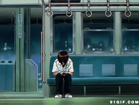 男孩低头坐地铁动画图片