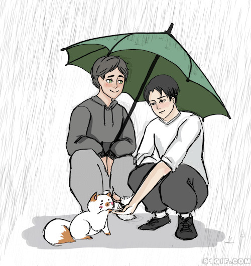 雨中打伞呵护小猫咪动画图片