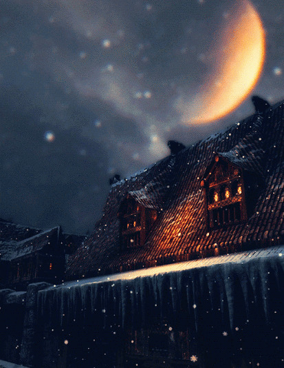 月下山城风雪gif图