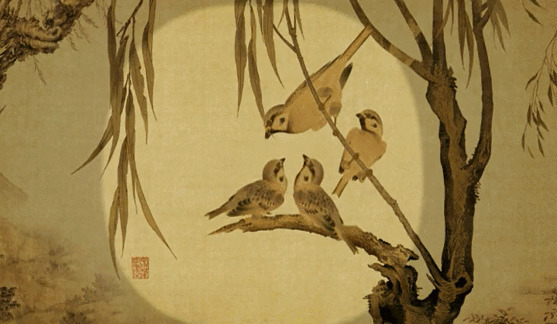 水墨画上树枝上的鸟儿在扑食gif图片
