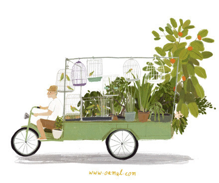 卡通小孩骑着三轮车拉着一车的鸟笼和植物gif图片