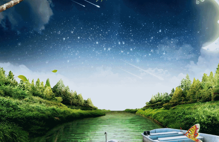 星空和绿色湖畔的唯美动态图片