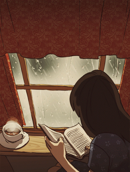 雨天窗前看书的女孩动画图片