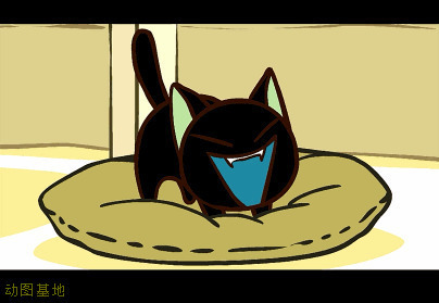 一只卡通小黑猫在坐垫上撒娇gif图片